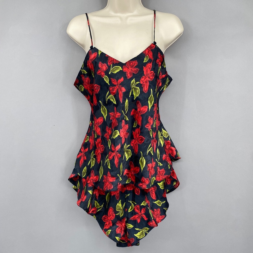 Vintage Erika Taylor Dark Floral Cami Tank Shorts Set Womens M Black Red Satin